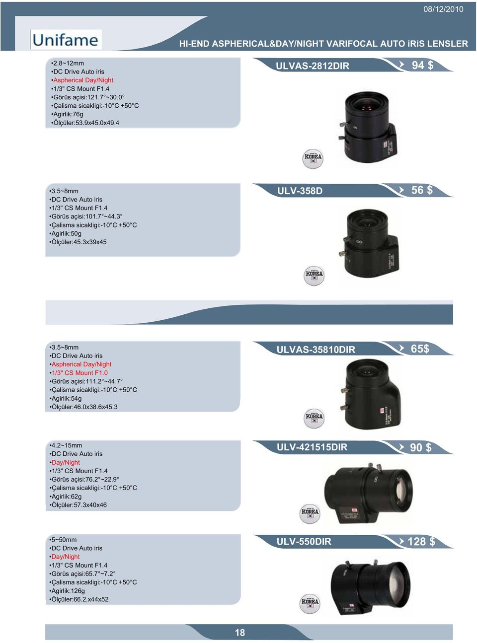 3 Çalisma sicakligi:-10 C +50 C Agirlik:50g Ölçüler:45.3x39x45 ULV-358D 56 $ 3.5~8mm DC Drive Auto iris Aspherical Day/Night 1/3" CS Mount F1.0 Görüs açisi:111.2 ~44.