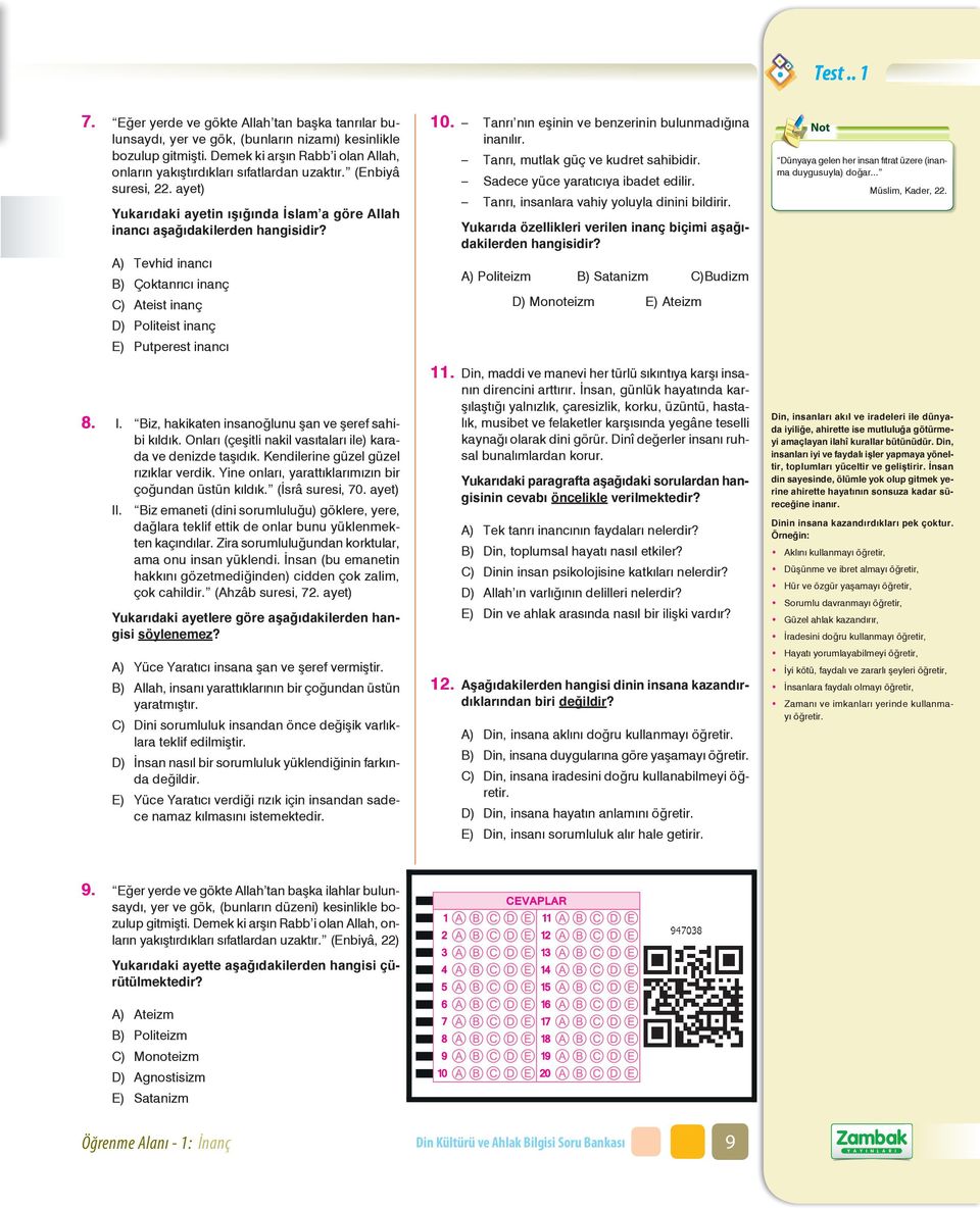 AAA_1609010101_2 A) Tevhid inancı B) Çoktanrıcı inanç 10. Tanrı nın eşinin ve benzerinin bulunmadığına inanılır. Tanrı, mutlak güç ve kudret sahibidir. Sadece yüce yaratıcıya ibadet edilir.