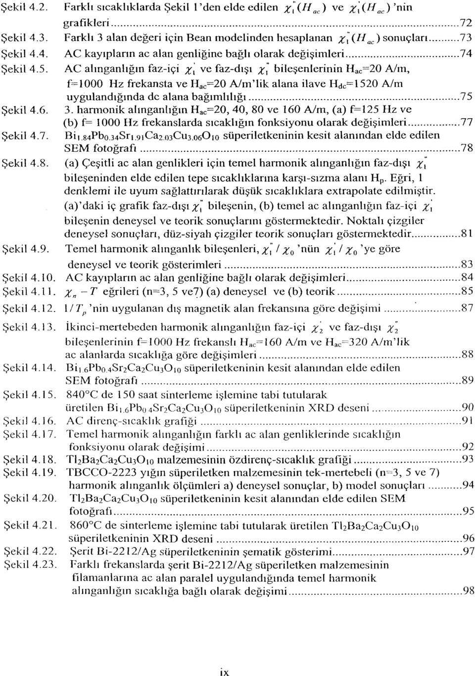 harmonik alınganlığın H ac =20, 40, 80 ve 160 A/m, (a) f=125 Hz ve (b) f= 1000 Hz frekanslarda sıcaklığın fonksiyonu olarak değişimleri 77 Şekil 4.7. Bii84Pbo.34Sr191Ca203Cu3.