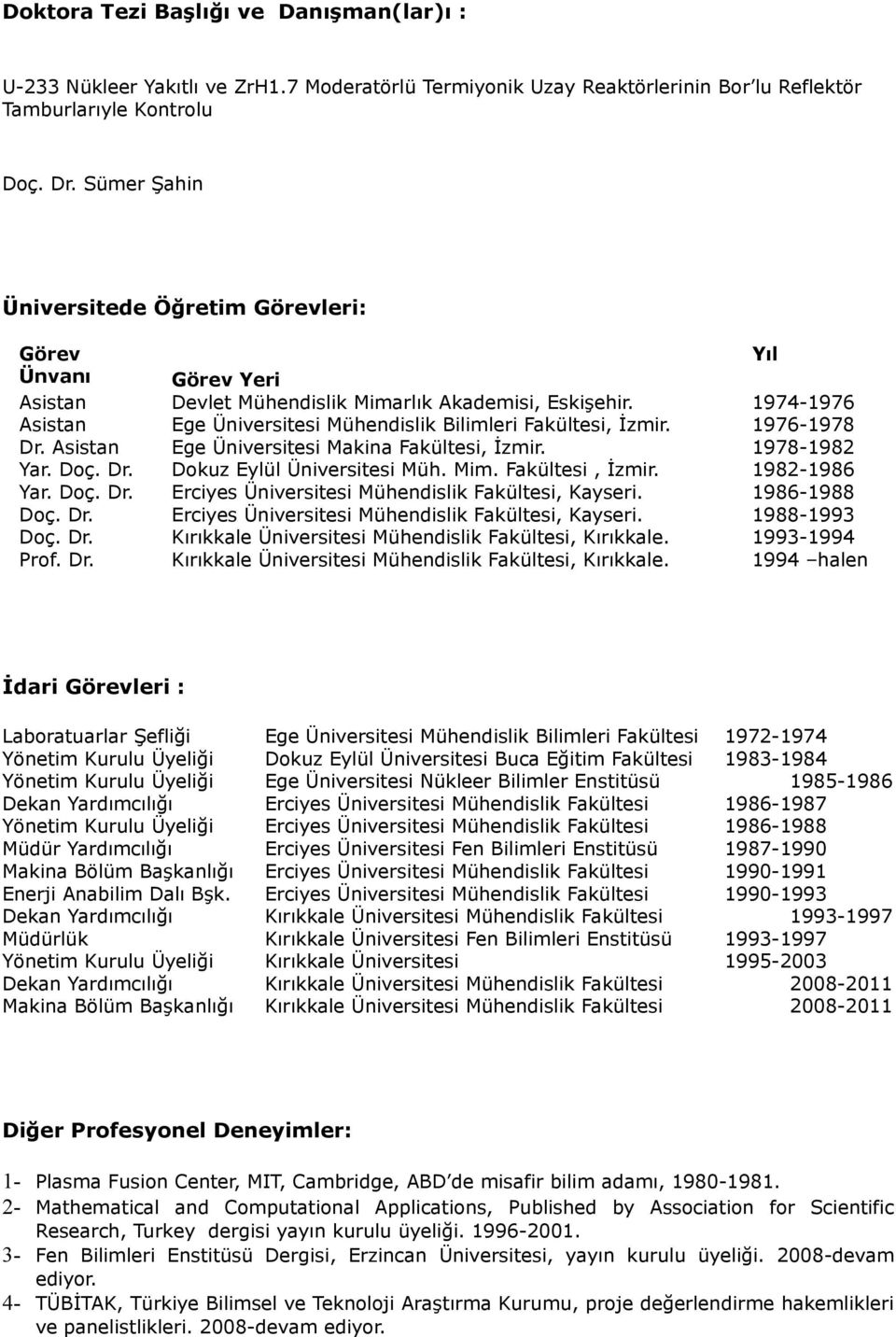 1974-1976 Asistan Ege Üniversitesi Mühendislik Bilimleri Fakültesi, İzmir. 1976-1978 Dr. Asistan Ege Üniversitesi Makina Fakültesi, İzmir. 1978-1982 Yar. Doç. Dr. Dokuz Eylül Üniversitesi Müh. Mim.