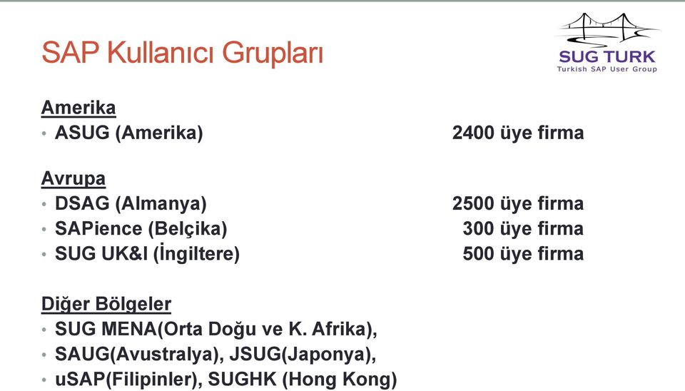 300 üye firma 500 üye firma Diğer Bölgeler SUG MENA(Orta Doğu ve K.