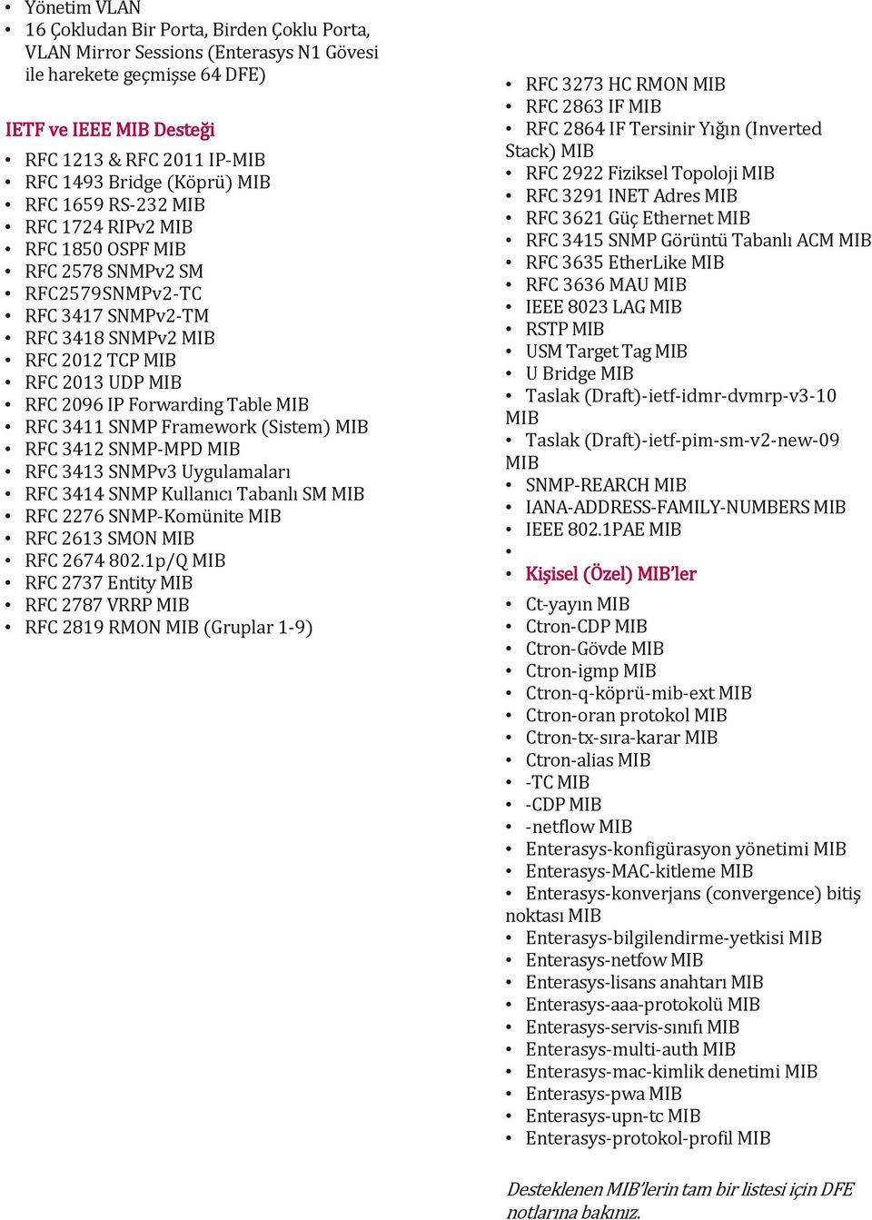 Forwarding Table MIB RFC 3411 SNMP Framework (Sistem) MIB RFC 3412 SNMP-MPD MIB RFC 3413 SNMPv3 Uygulamaları RFC 3414 SNMP Kullanıcı Tabanlı SM MIB RFC 2276 SNMP-Komünite MIB RFC 2613 SMON MIB RFC