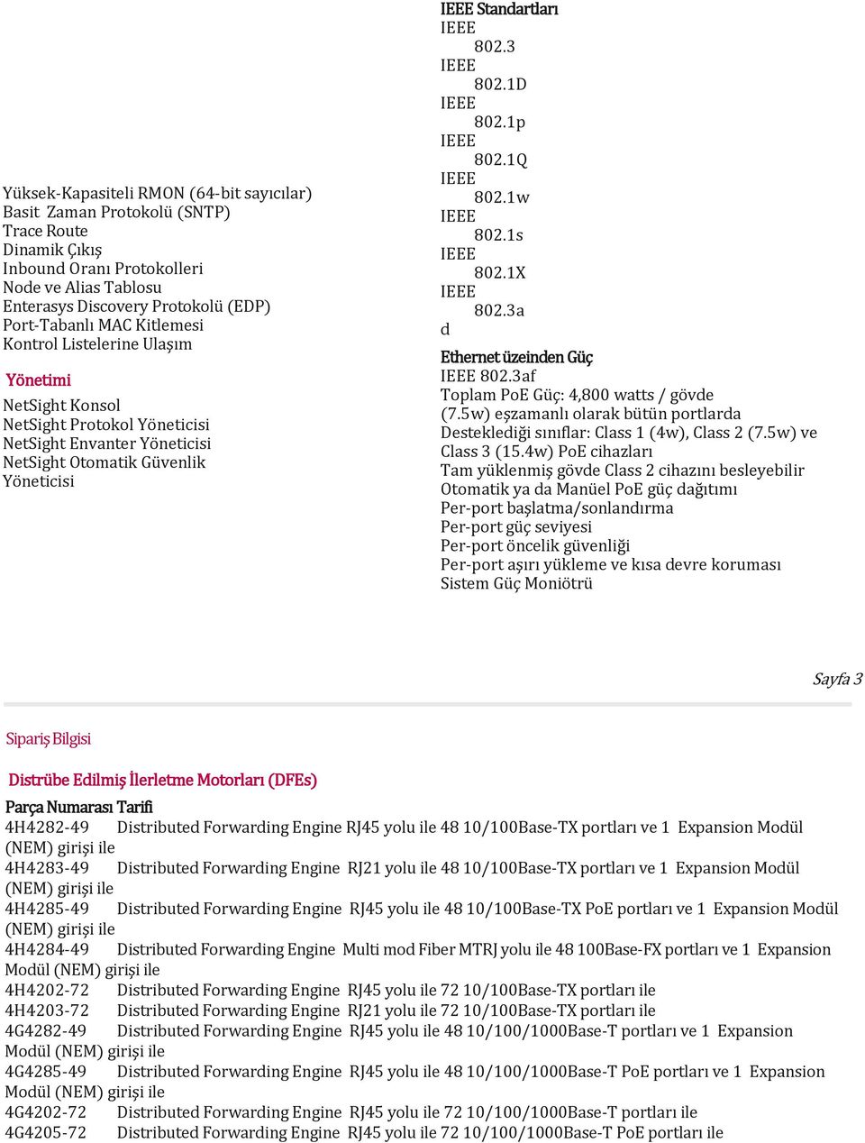 1D IEEE 802.1p IEEE 802.1Q IEEE 802.1w IEEE 802.1s IEEE 802.1X IEEE 802.3a d Ethernet üzeinden Güç IEEE 802.3af Toplam PoE Güç: 4,800 watts / gövde (7.