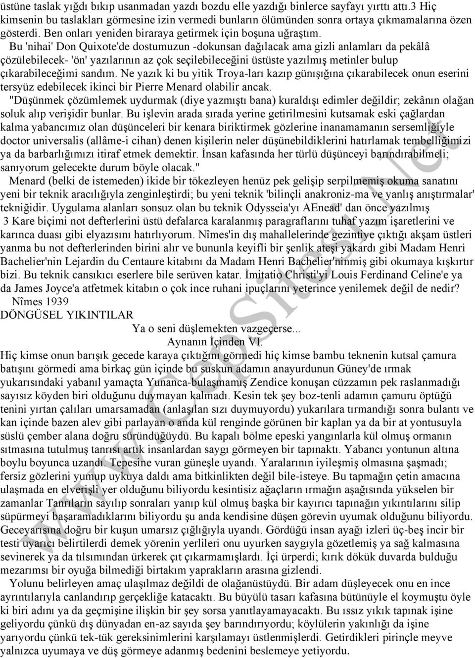 Bu 'nihai' Don Quixote'de dostumuzun -dokunsan dağılacak ama gizli anlamları da pekâlâ çözülebilecek- 'ön' yazılarının az çok seçilebileceğini üstüste yazılmış metinler bulup çıkarabileceğimi sandım.