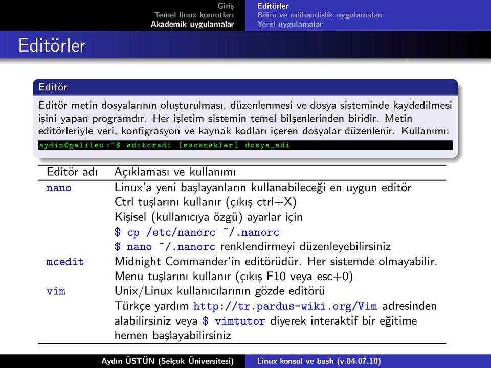 Kullanımı: aydin@galileo :~$ editoradi [ secenekler] dosya_adi Editör adı nano mcedit vim Açıklaması ve kullanımı Linux a yeni başlayanların kullanabileceği en uygun editör Ctrl tuşlarını kullanır