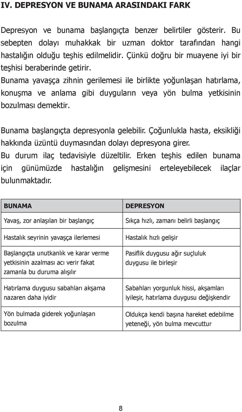 Bunama yavaşça zihnin gerilemesi ile birlikte yoğunlaşan hatırlama, konuşma ve anlama gibi duyguların veya yön bulma yetkisinin bozulması demektir. Bunama başlangıçta depresyonla gelebilir.