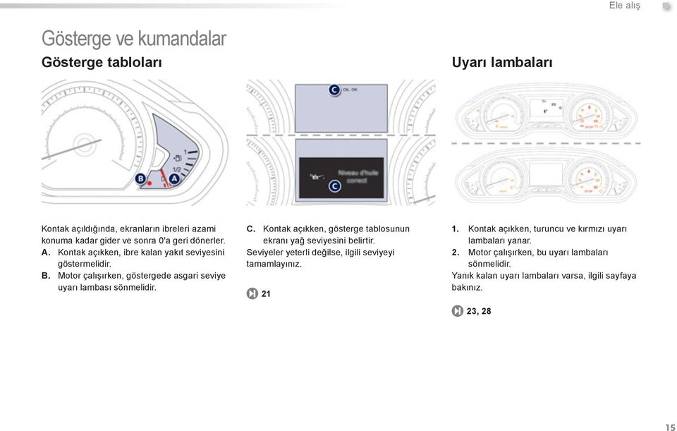 A. Kontak açıkken, ibre kalan yakıt seviyesini göstermelidir. B. Motor çalışırken, göstergede asgari seviye uyarı lambası sönmelidir. C.