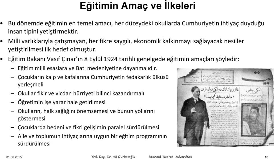 Eğitim Bakanı Vasıf Çınar ın 8 Eylül 1924 tarihli genelgede eğitimin amaçları şöyledir: Eğitim milli esaslara ve Batı medeniyetine dayanmalıdır.