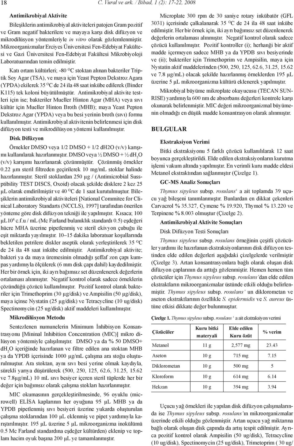 vitro olarak gözlemlenmiştir. Mikroorganizmalar Erciyes Üniversitesi Fen-Edebiyat Fakültesi ve Gazi Üniversitesi Fen-Edebiyat Fakültesi Mikrobiyoloji Laboratuarından temin edilmiştir.