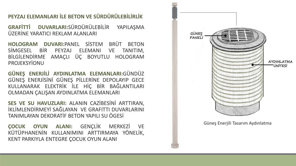 KULLANARAK ELEKTRİK İLE HİÇ BİR BAĞLANTILARI OLMADAN ÇALIŞAN AYDINLATMA ELEMANLARI SES VE SU HAVUZLARI: ALANIN CAZİBESİNİ ARTTIRAN, İKLİMLENDİRMEYİ SAĞLAYAN VE GRAFITTI DUVARLARINI