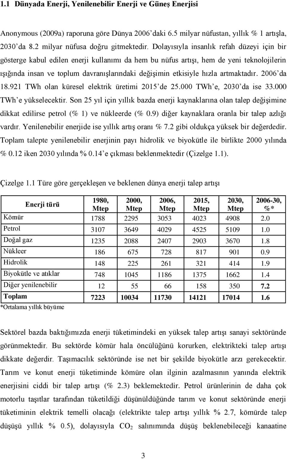 hızla artmaktadır. 2006 da 18.921 TWh olan küresel elektrik üretimi 2015 de 25.000 TWh e, 2030 da ise 33.000 TWh e yükselecektir.