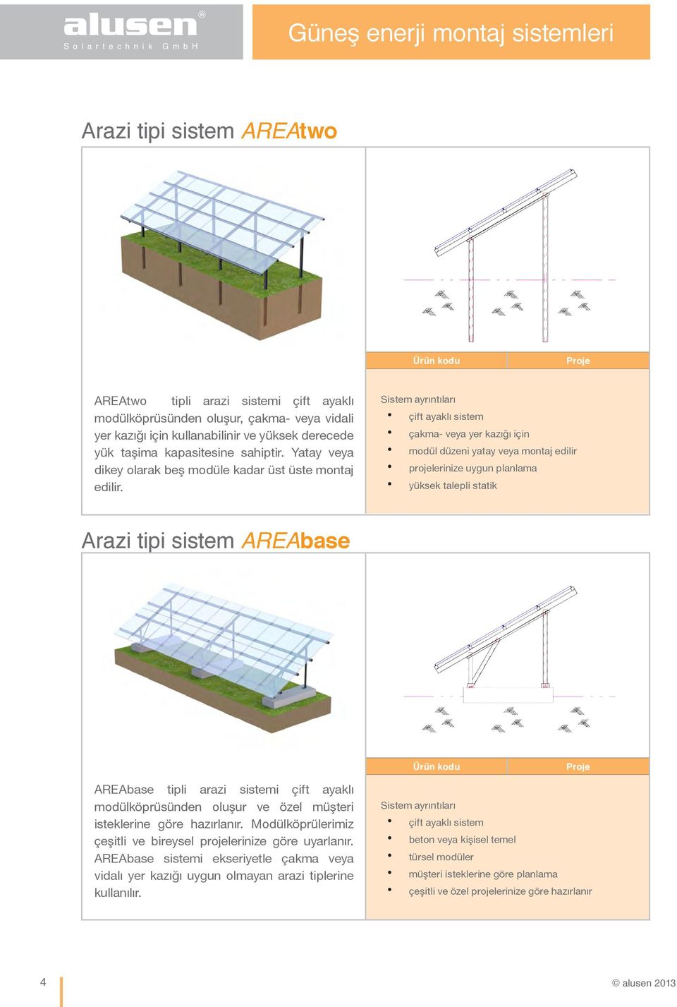 Sistem ayrıntıları çift ayaklı sistem çakma- veya yer kazığı için modül düzeni yatay veya montaj edilir projelerinize uygun planlama yüksek talepli statik Arazi tipi sistem AREAbase Ürün kodu Proje