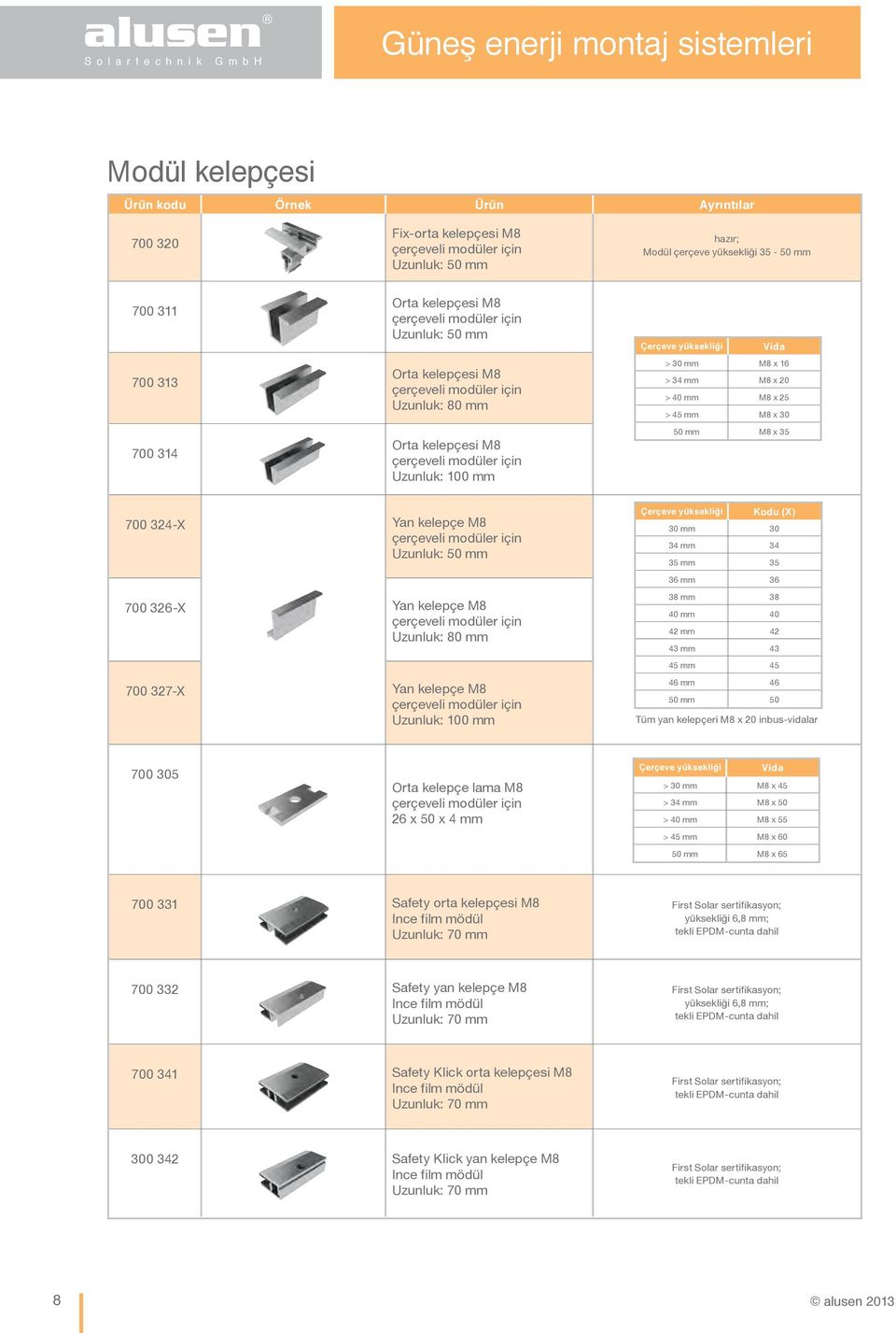 x 16 > 34 mm M8 x 20 > 40 mm M8 x 25 > 45 mm M8 x 30 50 mm M8 x 35 700 324-X Yan kelepçe M8 çerçeveli modüler için Uzunluk: 50 mm 700 326-X Yan kelepçe M8 çerçeveli modüler için Uzunluk: 80 mm 700