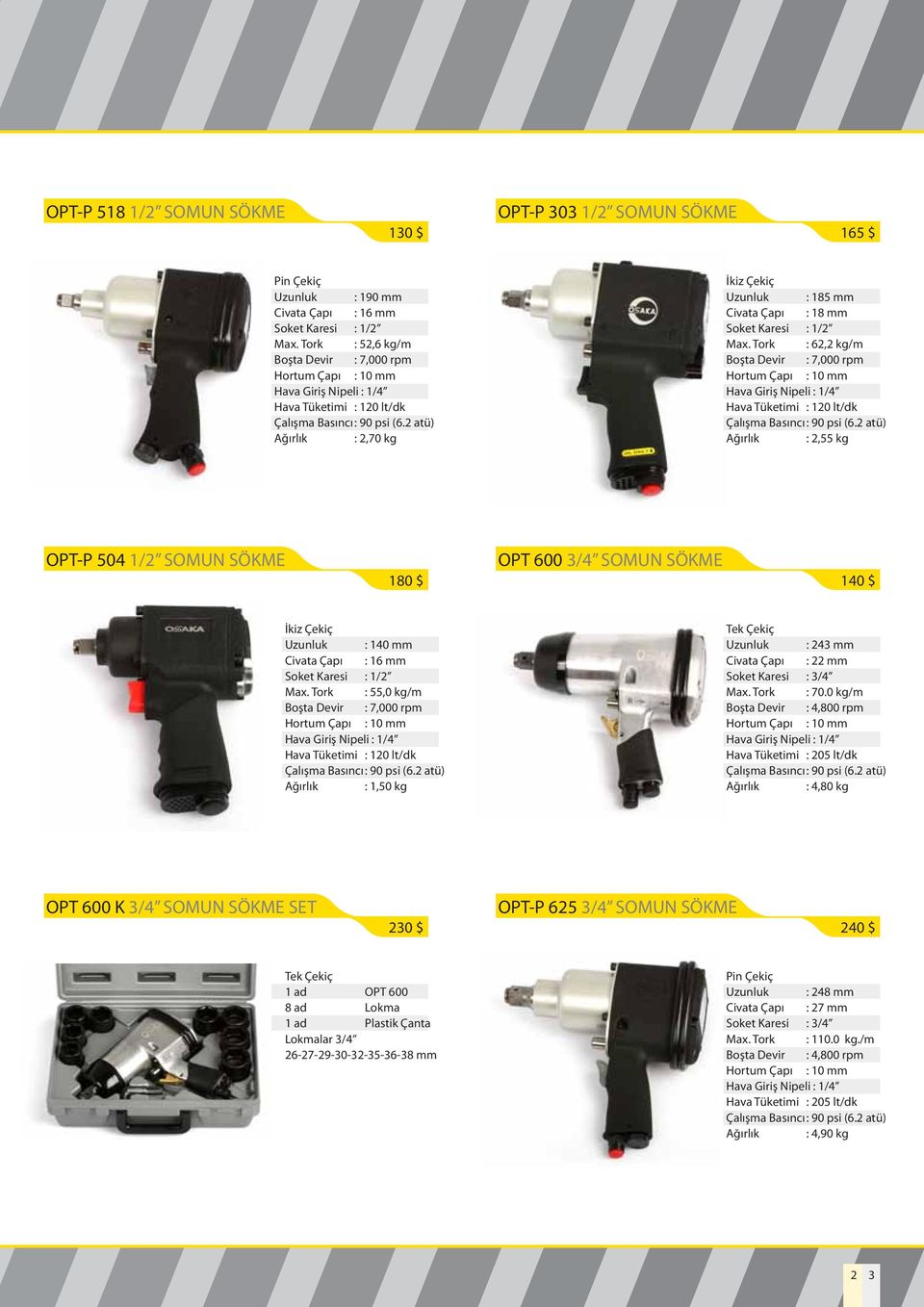 Tork : 62,2 kg/m Boşta Devir : 7,000 rpm Hortum Çapı : 10 mm Hava Tüketimi : 120 lt/dk Ağırlık : 2,55 kg OPT-P 504 1/2 SOMUN SÖKME 180 $ OPT 600 3/4 SOMUN SÖKME 140 $ İkiz Çekiç Uzunluk : 140 mm