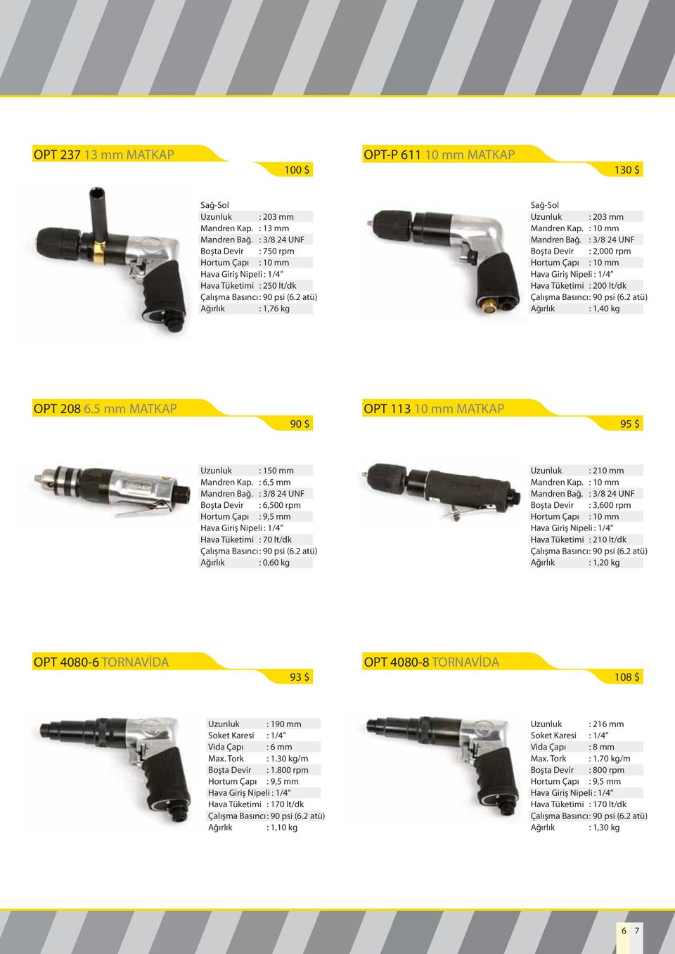 : 3/8 24 UNF Boşta Devir : 2,000 rpm Hortum Çapı : 10 mm Hava Tüketimi : 200 lt/dk Ağırlık : 1,40 kg OPT 208 6.5 mm MATKAP 90 $ OPT 113 10 mm MATKAP 95 $ Uzunluk : 150 mm Mandren Kap.