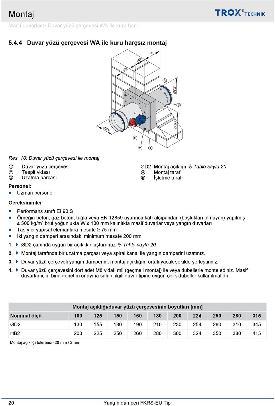 Performans sınıfı EI 90 S Örneğin beton, gaz beton, tuğla veya EN 89 uyarınca katı alçıpandan (boşlukları olmayan) yapılmış 00 kg/m³ brüt yoğunlukta W 00 mm kalınlıkta masif duvarlar veya yangın