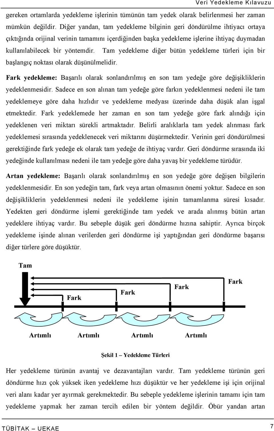 Tam yedekleme diğer bütün yedekleme türleri için bir başlangıç noktası olarak düşünülmelidir. Fark yedekleme: Başarılı olarak sonlandırılmış en son tam yedeğe göre değişikliklerin yedeklenmesidir.