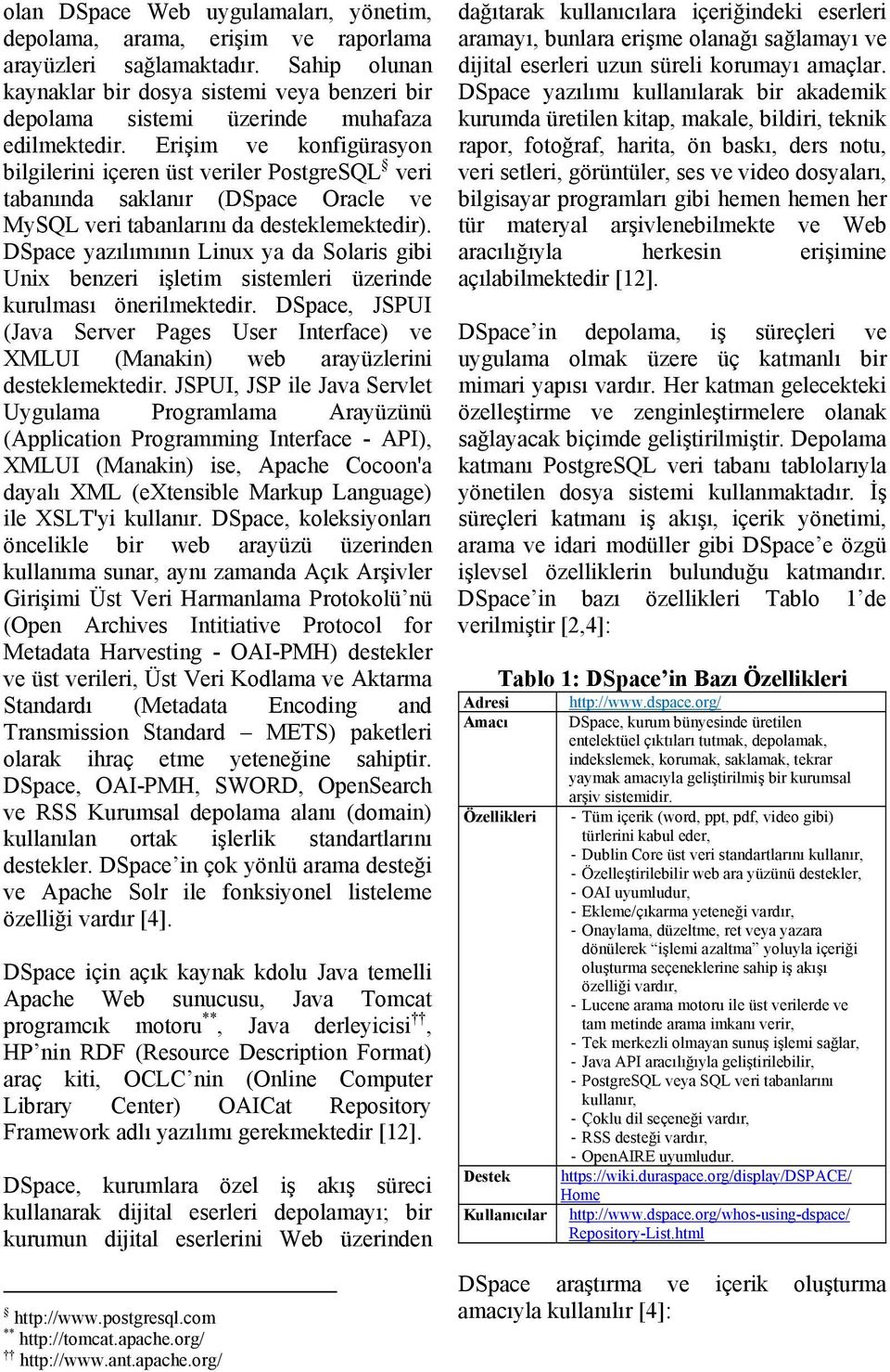 Erişim ve konfigürasyon bilgilerini içeren üst veriler PostgreSQL veri tabanında saklanır (DSpace Oracle ve MySQL veri tabanlarını da desteklemektedir).