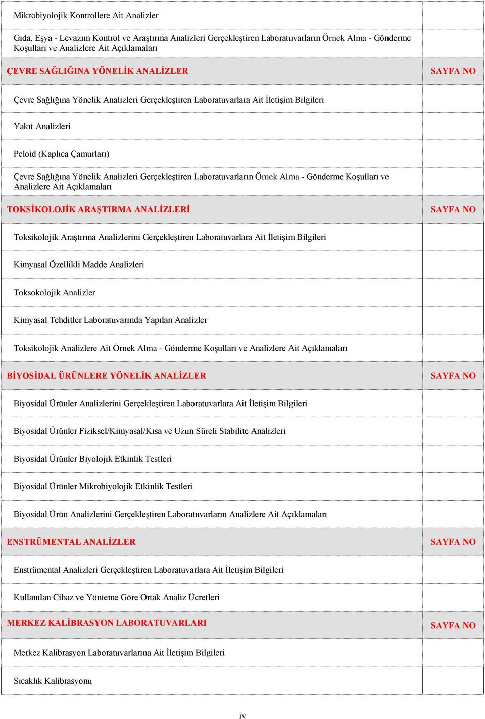 Gerçekleştiren Laboratuvarların Örnek Alma - Gönderme Koşulları ve Analizlere Ait Açıklamaları TOKSİKOLOJİK ARAŞTIRMA LERİ SAYFA NO Toksikolojik Araştırma Analizlerini Gerçekleştiren Laboratuvarlara