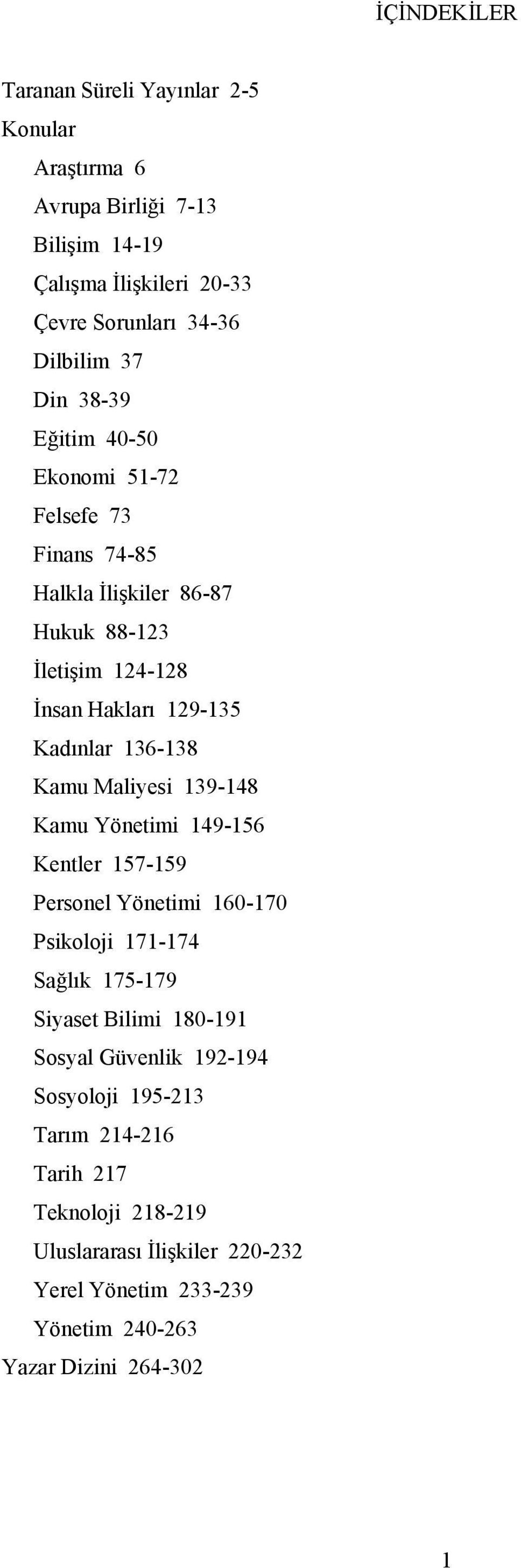 Kamu Maliyesi 139-148 Kamu Yönetimi 149-156 Kentler 157-159 Personel Yönetimi 160-170 Psikoloji 171-174 Sağlık 175-179 Siyaset Bilimi 180-191 Sosyal