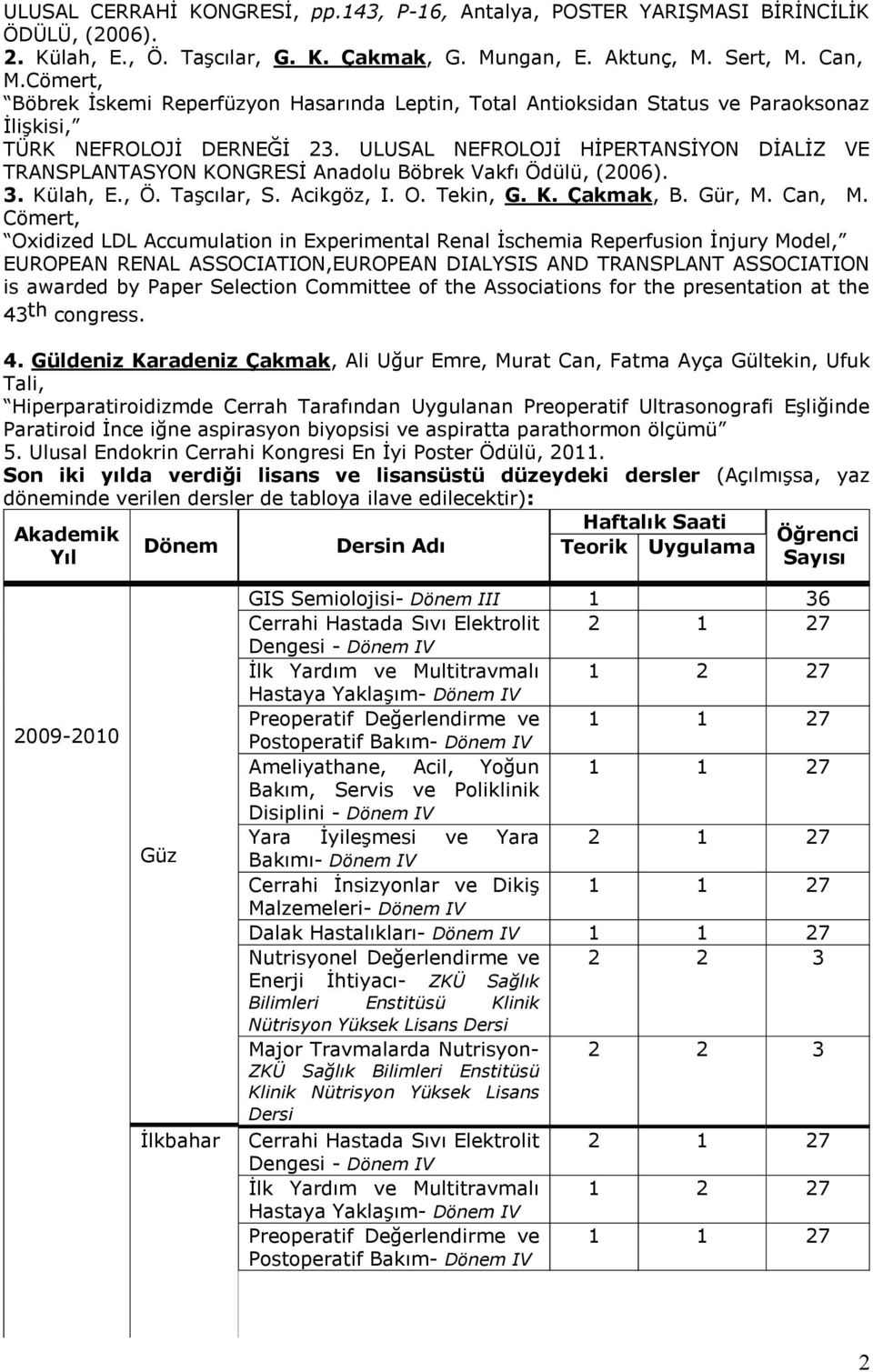 ULUSAL NEFROLOJİ HİPERTANSİYON DİALİZ VE TRANSPLANTASYON KONGRESİ Anadolu Böbrek Vakfı Ödülü, (2006). 3. Külah, E., Ö. Taşcılar, S. Acikgöz, I. O. Tekin, G. K. Çakmak, B. Gür, M. Can, M.