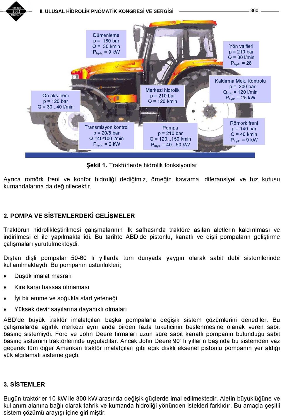 = 2 kw Pompa p = 210 bar Q = 120...150 l/min P myx. = 40...50 kw Römork freni p = 140 bar Q = 40 l/min P hydr. = 9 kw Şekil 1.