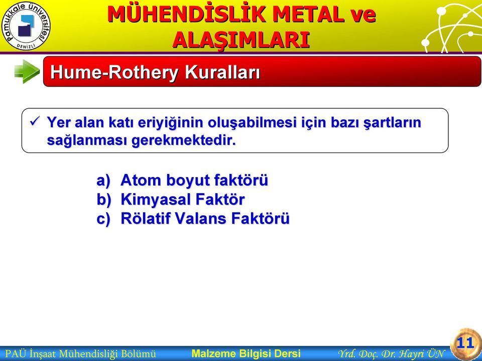 a) Atom boyut faktörü b) Kimyasal Faktör c) Rölatif Valans Faktörü