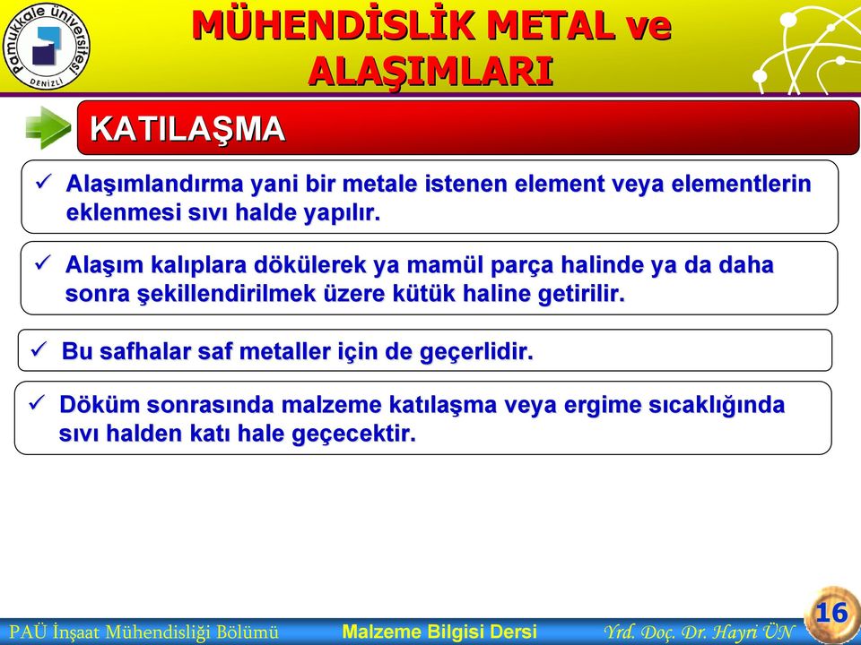 getirilir. Bu safhalar saf metaller için i in de geçerlidir. erlidir.