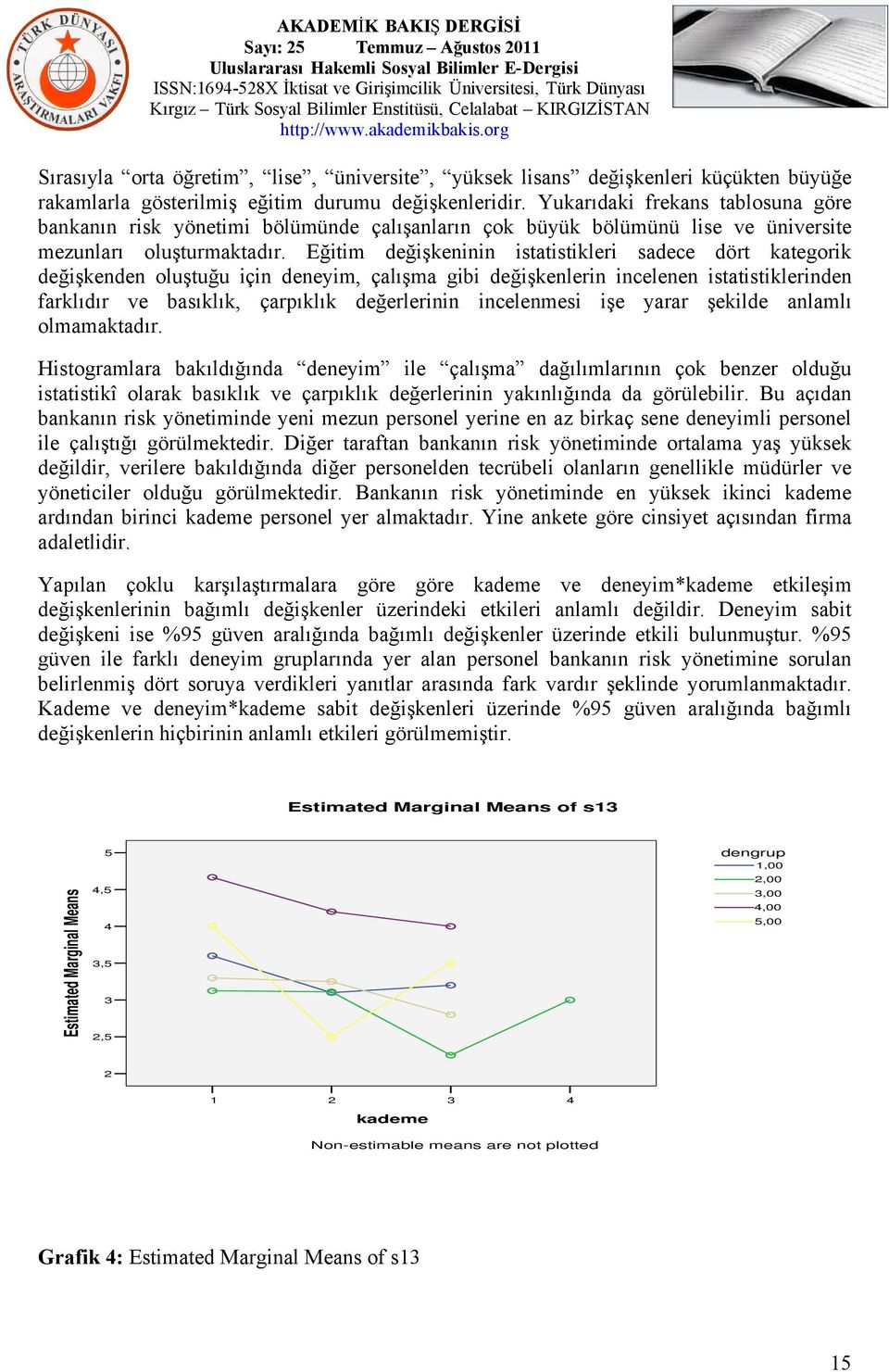 Eğitim değişkeninin istatistikleri sadece dört kategorik değişkenden oluştuğu için deneyim, çalışma gibi değişkenlerin incelenen istatistiklerinden farklıdır ve basıklık, çarpıklık değerlerinin