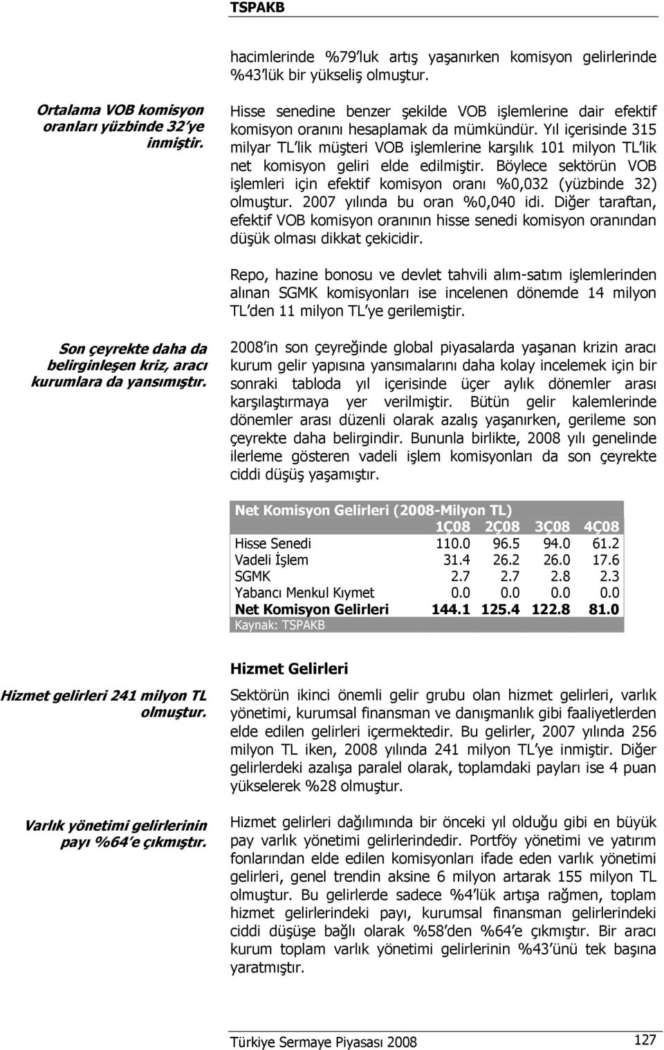 Yıl içerisinde 315 milyar TL lik müşteri VOB işlemlerine karşılık 101 milyon TL lik net komisyon geliri elde edilmiştir.