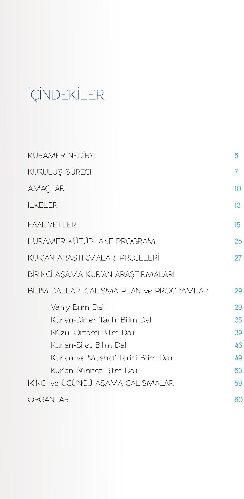 PROJELERİ 27 BİRİNCİ AŞAMA KUR AN ARAŞTIRMALARI BİLİM DALLARI ÇALIŞMA PLAN ve PROGRAMLARI 29 Vahiy Bilim Dalı 29