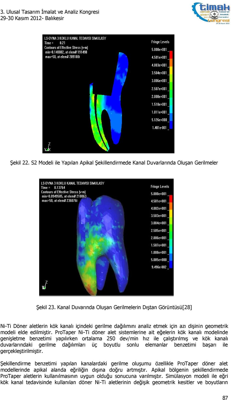 ProTaper Ni-Ti döner alet sistemlerine ait eğelerin kök kanalı modelinde genişletme benzetimi yapılırken ortalama 250 dev/min hız ile çalıştırılmış ve kök kanalı duvarlarındaki gerilme dağılımları üç