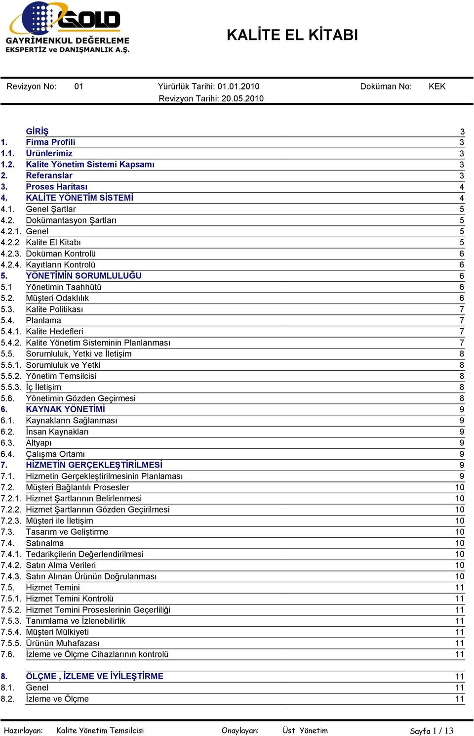 4.1. Kalite Hedefleri 7 5.4.2. Kalite Yönetim Sisteminin Planlanması 7 5.5. Sorumluluk, Yetki ve İletişim 8 5.5.1. Sorumluluk ve Yetki 8 5.5.2. Yönetim Temsilcisi 8 5.5.3. İç İletişim 8 5.6.