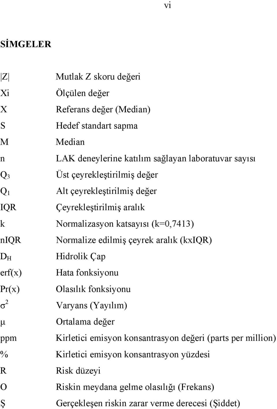 Normalize edilmiş çeyrek aralık (kxiqr) Hidrolik Çap Hata fonksiyonu Olasılık fonksiyonu Varyans (Yayılım) µ Ortalama değer ppm Kirletici emisyon konsantrasyon