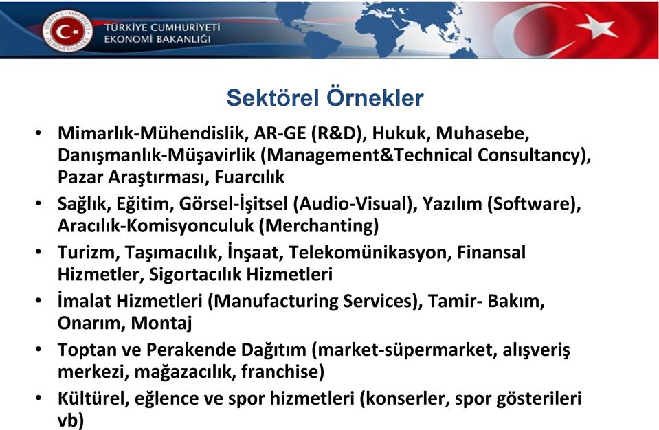 Taşımacılık, İnşaat, Telekomünikasyon, Finansal Hizmetler, Sigortacılık Hizmetleri İmalat Hizmetleri (Manufacturing Services), Tamir Bakım,