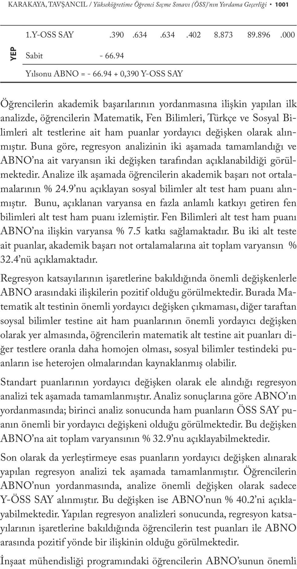 yordayıcı değişken olarak alınmıştır. Buna göre, regresyon analizinin iki aşamada tamamlandığı ve ABNO na ait varyansın iki değişken tarafından açıklanabildiği görülmektedir.