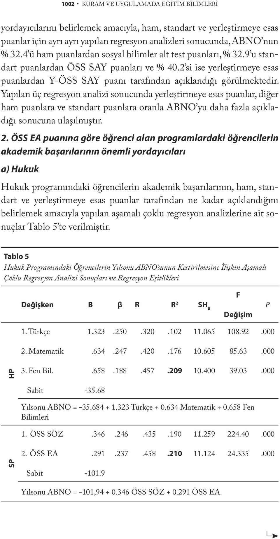 Yapılan üç regresyon analizi sonucunda yerleştirmeye esas puanlar, diğer ham puanlara ve standart puanlara oranla ABNO yu daha fazla açıkladığı sonucuna ulaşılmıştır. 2.