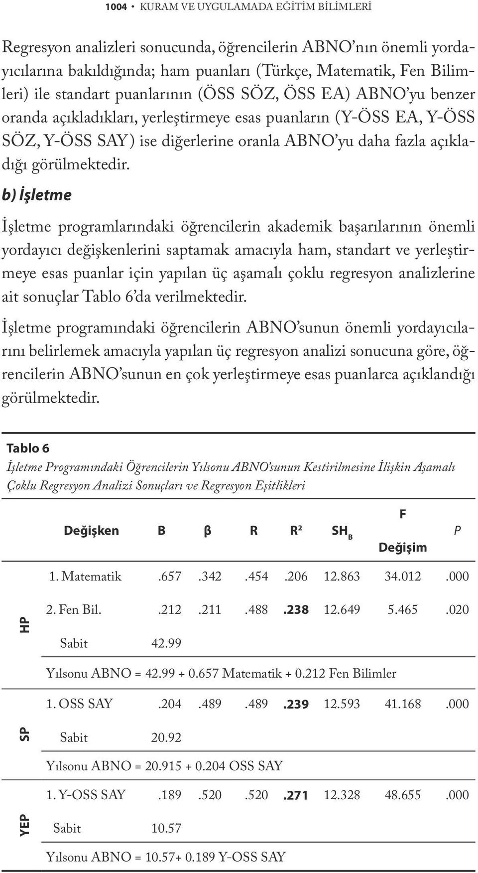 b) İşletme İşletme programlarındaki öğrencilerin akademik başarılarının önemli yordayıcı değişkenlerini saptamak amacıyla ham, standart ve yerleştirmeye esas puanlar için yapılan üç aşamalı çoklu