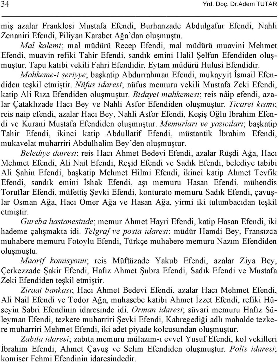 Eytam müdürü Hulusi Efendidir. Mahkeme-i şeriyye; başkatip Abdurrahman Efendi, mukayyit İsmail Efendiden teşkil etmiştir.