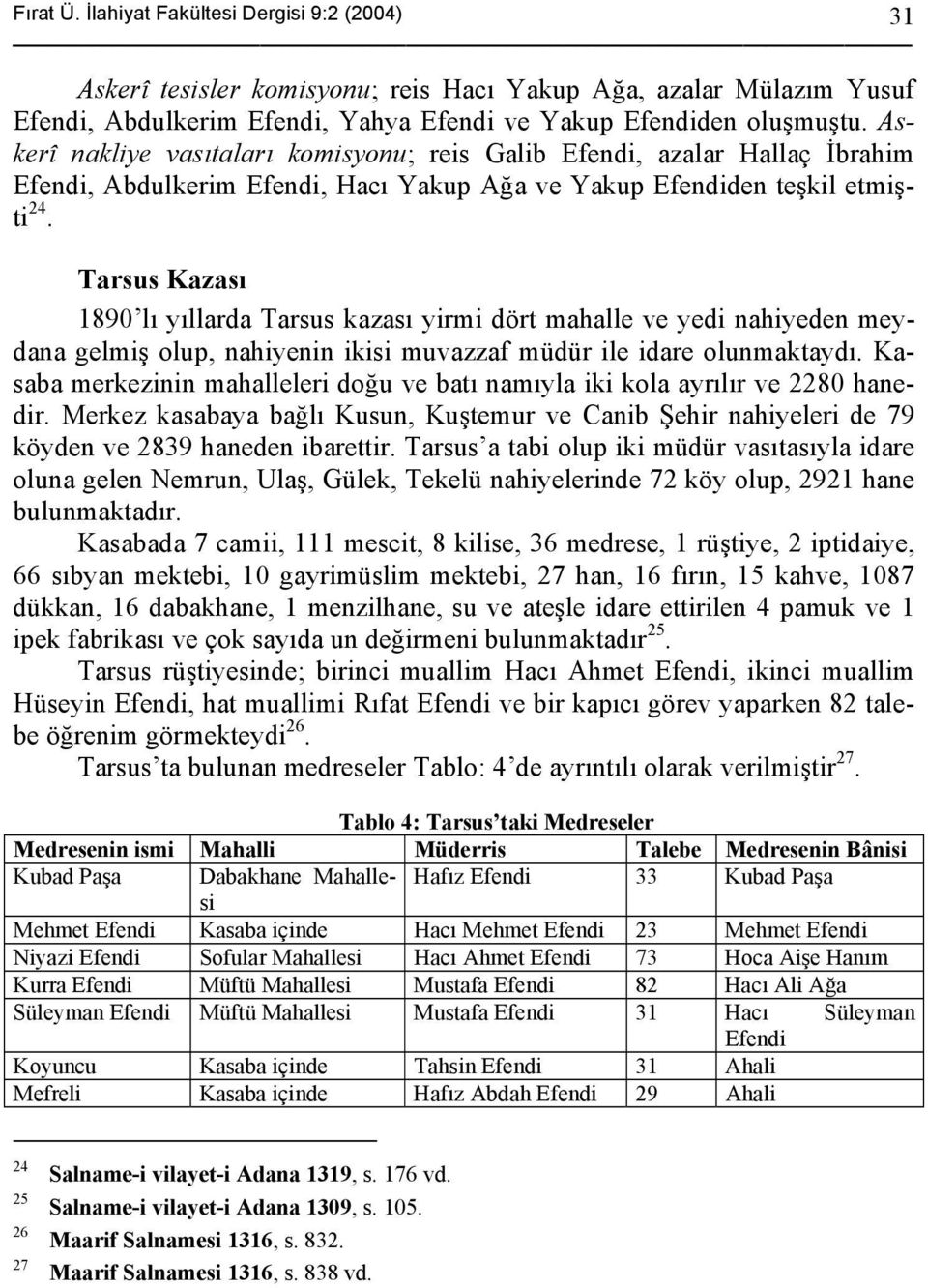 Tarsus Kazası 1890 lı yıllarda Tarsus kazası yirmi dört mahalle ve yedi nahiyeden meydana gelmiş olup, nahiyenin ikisi muvazzaf müdür ile idare olunmaktaydı.