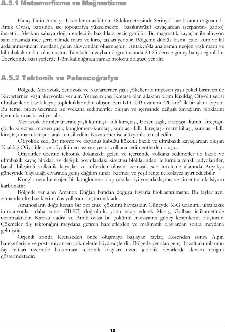 Meskün sahaya doğru endezitik bazaltlara geçiş görülür. Bu mağmatik kayaçlar ile alüvyon saha arasında ince şerit halinde marn ve kireç taşları yer alır.