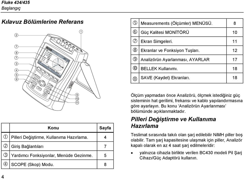 5 SCOPE (Skop) Modu. 8 Ölçüm yapmadan önce Analizörü, ölçmek istediğiniz güç sisteminin hat gerilimi, frekansı ve kablo yapılandırmasına göre ayarlayın.