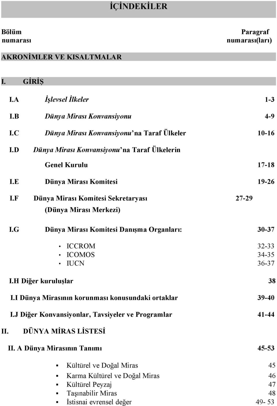 F Dünya Mirası Komitesi Sekretaryası 27-29 (Dünya Mirası Merkezi) I.G Dünya Mirası Komitesi Danışma Organları: 30-37 ICCROM 32-33 ICOMOS 34-35 IUCN 36-37 I.H Diğer kuruluşlar 38 I.