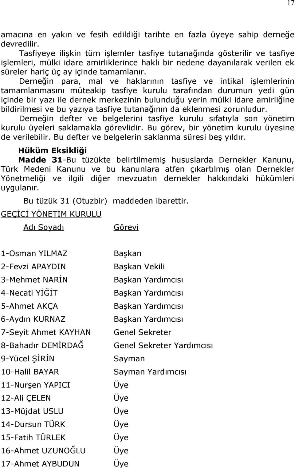 Derneğin para, mal ve haklarının tasfiye ve intikal işlemlerinin tamamlanmasını müteakip tasfiye kurulu tarafından durumun yedi gün içinde bir yazı ile dernek merkezinin bulunduğu yerin mülki idare