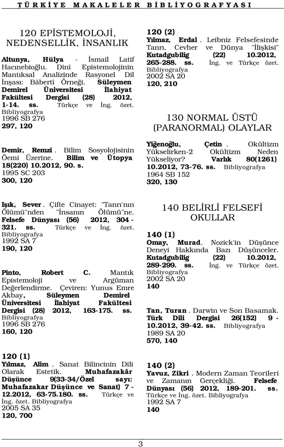 Leibniz Felsefesinde Tanr, Cevher ve Dünya " liflkisi" Kutadgubilig (22) 10.2012, 265-288. ss. ng. ve Türkçe özet. 2002 SA 20 120, 210 130 NORMAL ÜSTÜ (PARANORMAL) OLAYLAR Demir, Remzi.