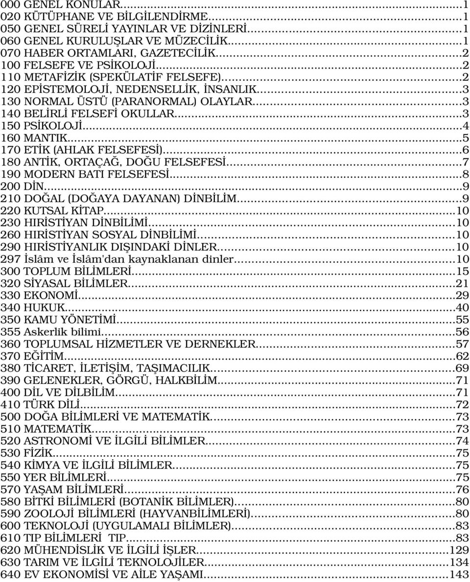 ..5 170 ET K (AHLAK FELSEFES )...6 180 ANT K, ORTAÇA, DO U FELSEFES...7 190 MODERN BATI FELSEFES...8 200 D N...9 210 DO AL (DO AYA DAYANAN) D NB L M...9 220 KUTSAL K TAP...10 230 HIR ST YAN D NB L M.