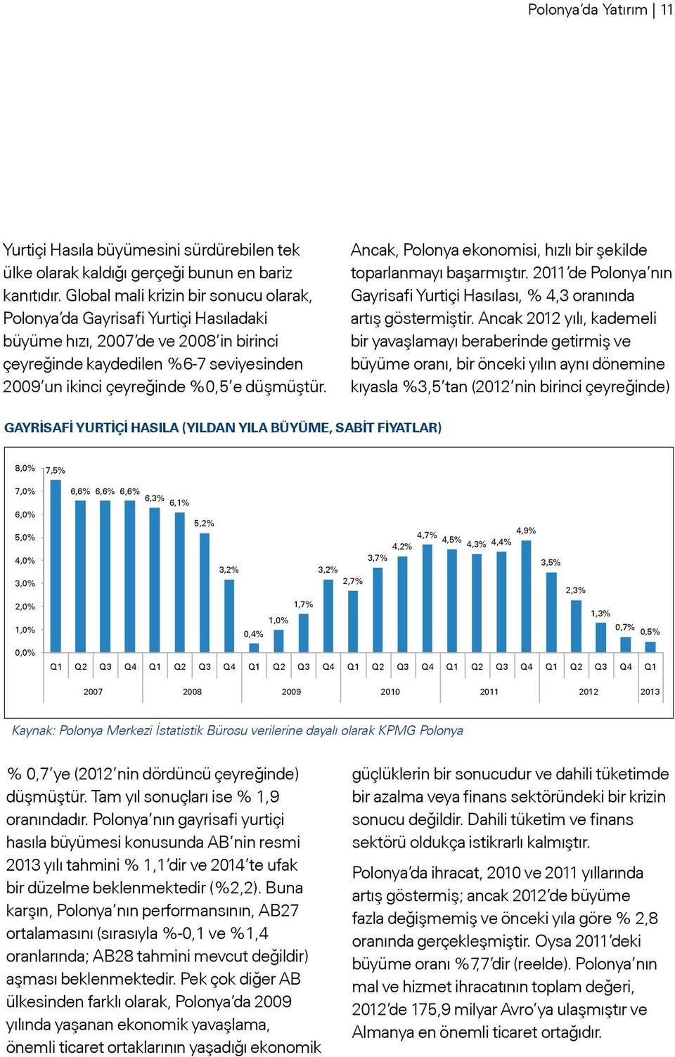 düşmüştür. Ancak, Polonya ekonomisi, hızlı bir şekilde toparlanmayı başarmıştır. 2011 de Polonya nın Gayrisafi Yurtiçi Hasılası, % 4,3 oranında artış göstermiştir.