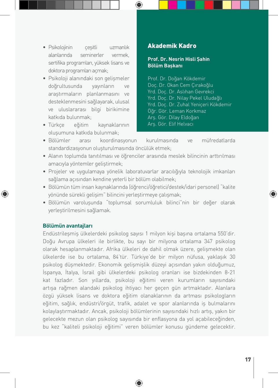 Nesrin Hisli Şahin Bölüm Başkanı Prof. Dr. Doğan Kökdemir Doç. Dr. Okan Cem Çırakoğlu Yrd. Doç. Dr. Aslıhan Gevrekci Yrd. Doç. Dr. Nilay Pekel Uludağlı Yrd. Doç. Dr. Zuhal Yeniçeri Kökdemir Öğr. Gör.