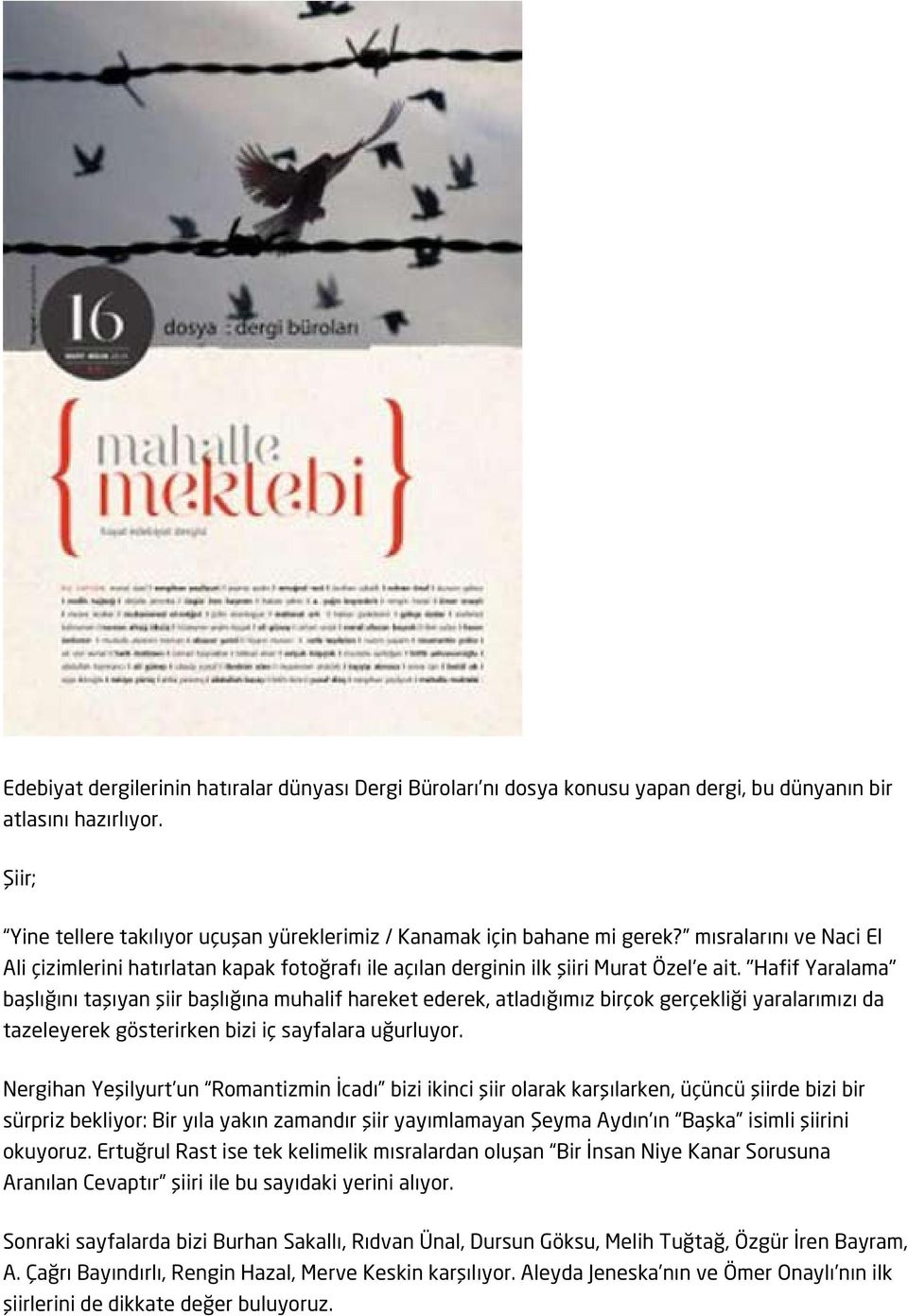 "Hafif Yaralama" başlığını taşıyan şiir başlığına muhalif hareket ederek, atladığımız birçok gerçekliği yaralarımızı da tazeleyerek gösterirken bizi iç sayfalara uğurluyor.