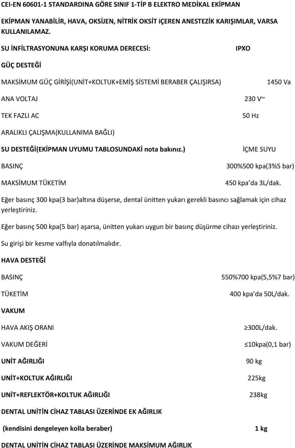 BAĞLI) SU DESTEĞİ(EKİPMAN UYUMU TABLOSUNDAKİ nota bakınız.) BASINÇ MAKSİMUM TÜKETİM İÇME SUYU 300%500 kpa(3%5 bar) 450 kpa da 3L/dak.